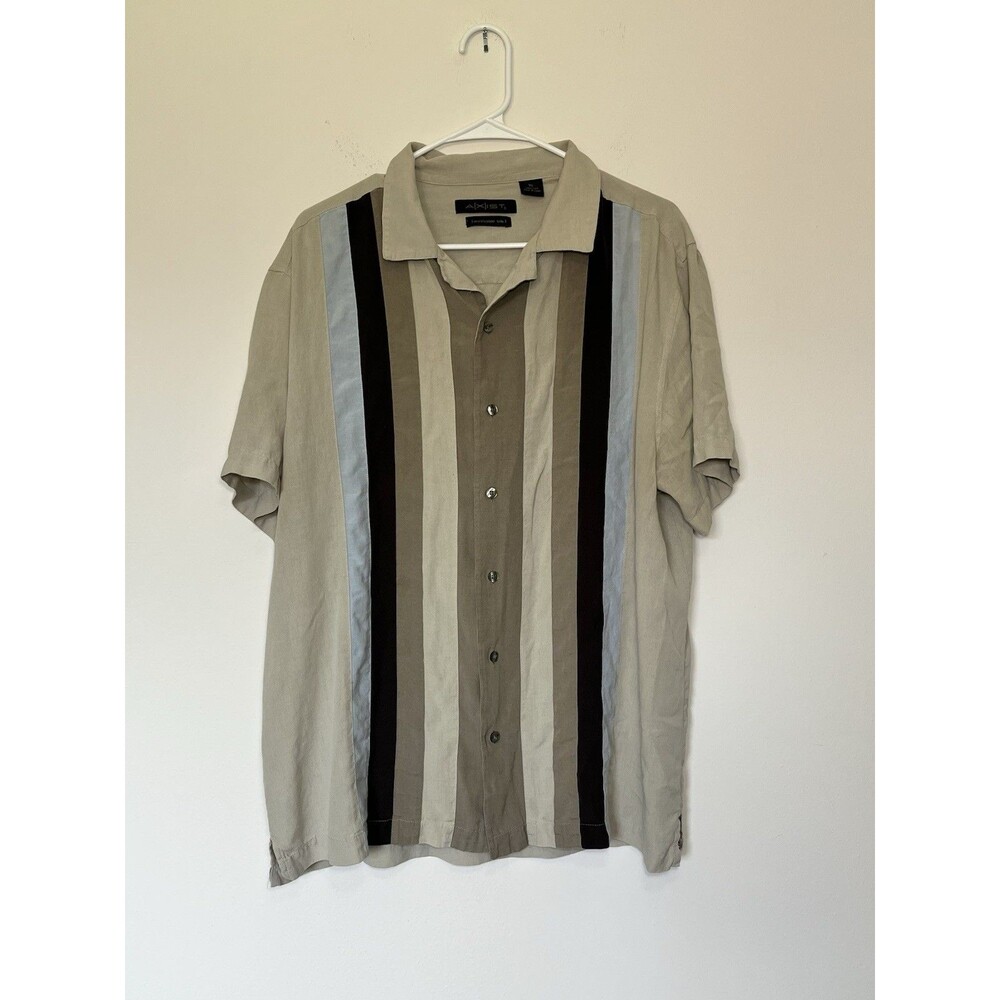 AXIST Men's 100% Silk Button Up Shirt XL  Color Block Bowling Shirt